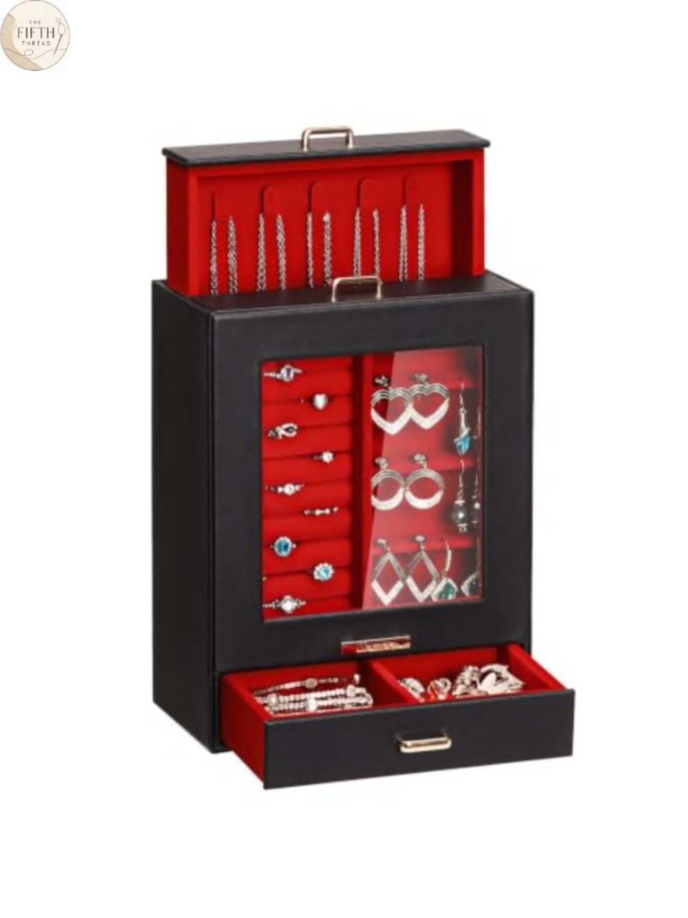 Jewelry Box Organizer with Clear Window and 3 Drawers
